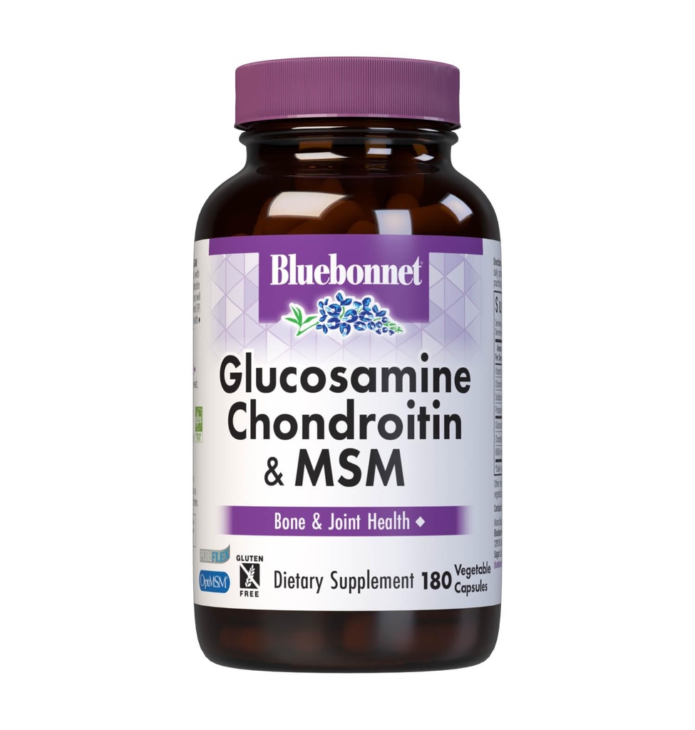 Bluebonnet Διατροφή Γλυκοζαμίνη Χονδροϊτίνη Plus MSM, Γλυκοζαμίνη, θειική χονδροϊτίνη, Βιταμίνη C & OptiMSM, Οστέινη & Κοινή Υγεία, Μη ΓΤΟ, Χωρίς γλουτένη, Χωρίς σόγια, Χωρίς γάλα, 180 κάψουλες λαχανικών