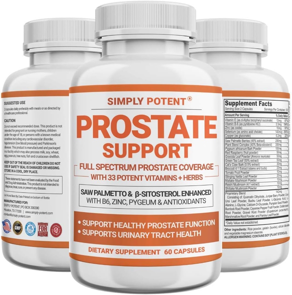 Συμπληρώματα Prostate για τους άνδρες, Saw Palmetto Prostate Υγεία Υποστήριξη w/ 33 Βιταμίνες & Βότανα - Beta Σιτοστερόλη Plus B6, Σελήνιο & Ψευδάργυρος για την υγιεινή ούρηση Συχνότητα & Ροή & κανονικό ύπνο (60 κάψουλες)
