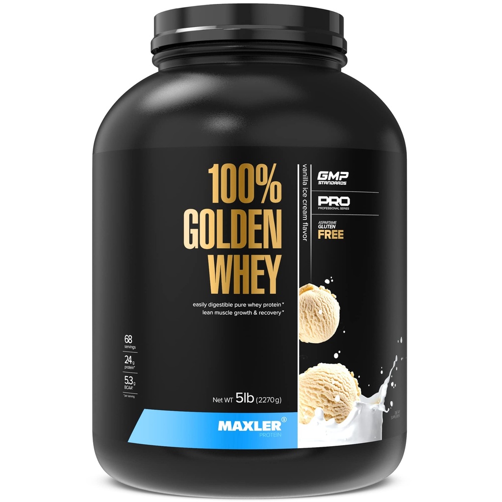 Maxler 100% Χρυσή πρωτεΐνη ορού γάλακτος - 24g πρωτεΐνης ανά σερβίρισμα - Premium σκόνη πρωτεΐνης ορού γάλακτος για πριν από την προπόνηση - Fast-Absorbing συμπύκνωμα ορού γάλακτος, απομόνωση & υδρολυτικό μείγμα - παγωτό βανίλια 5 lb