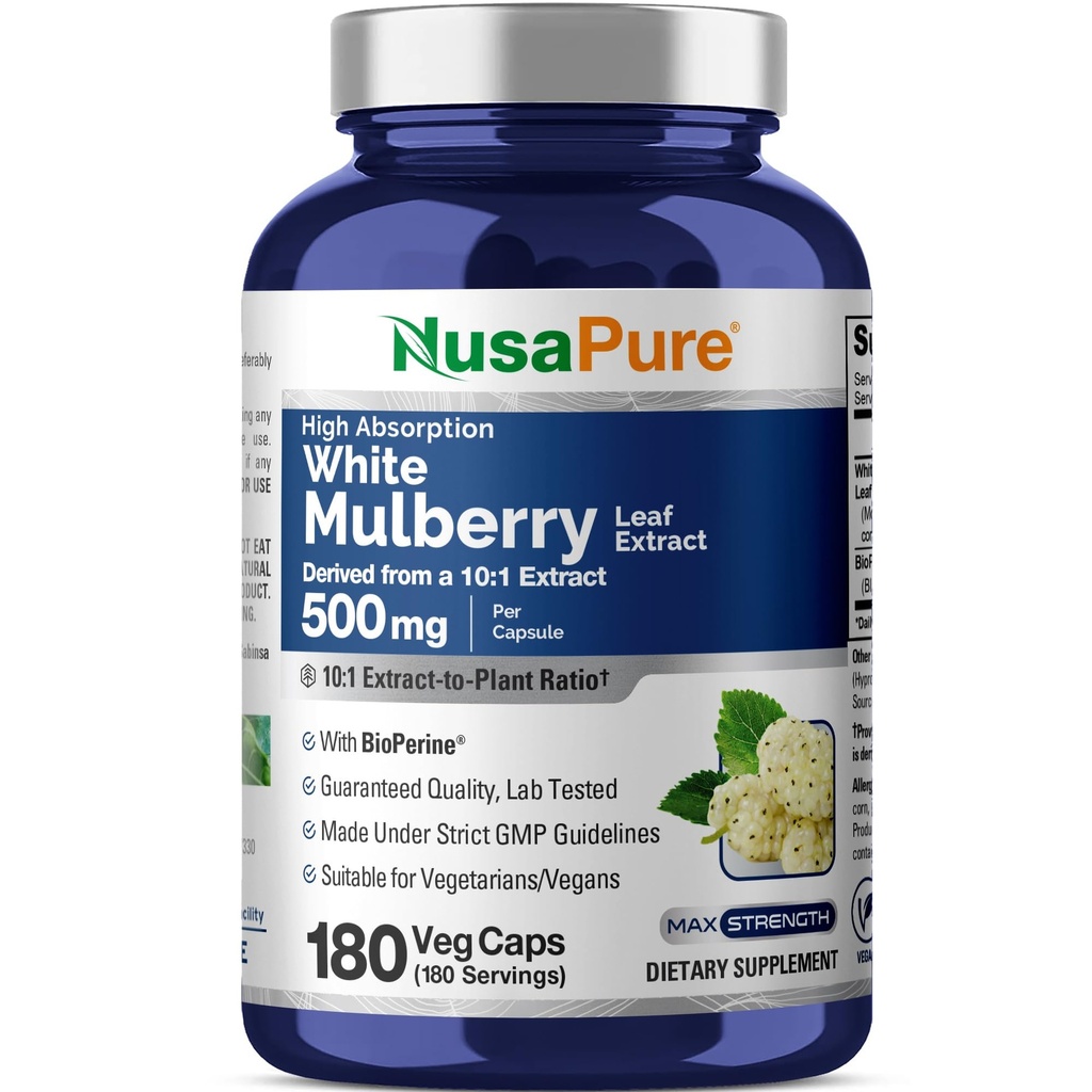 NusaPure Λευκό εκχύλισμα φύλλων Mulberry 10:1 Extract, 500 mg Ισοδύναμο με 5000mg 180 Veg Caps (Vegan, Non GMO Bioperine)