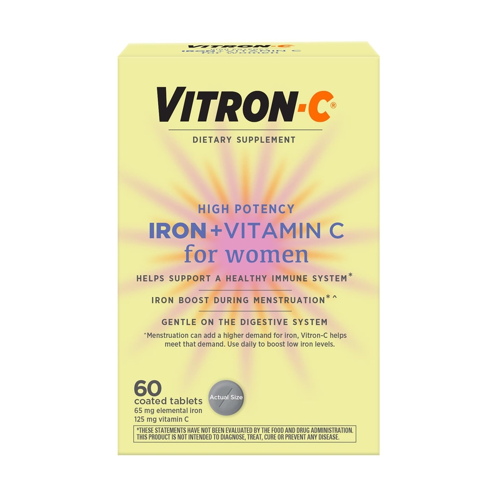 Συμπλήρωμα Vitron-C σιδήρου για γυναίκες με βιταμίνη C, για την παραγωγή ερυθρών αιμοσφαιρίων & ανοσοποιητική υποστήριξη, 60 Count