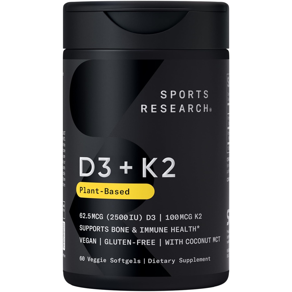 Sports Research® Vitamin D3 + K2 w/Coconut Oil - Vegan Vitamin D 2500iu (62.5mcg) & Mk7 Vitamin K 100mcg για Οστική & Ανοσολογική Υποστήριξη - Vegan Certified · Non-GMO · Soy Free - 60 Softgels