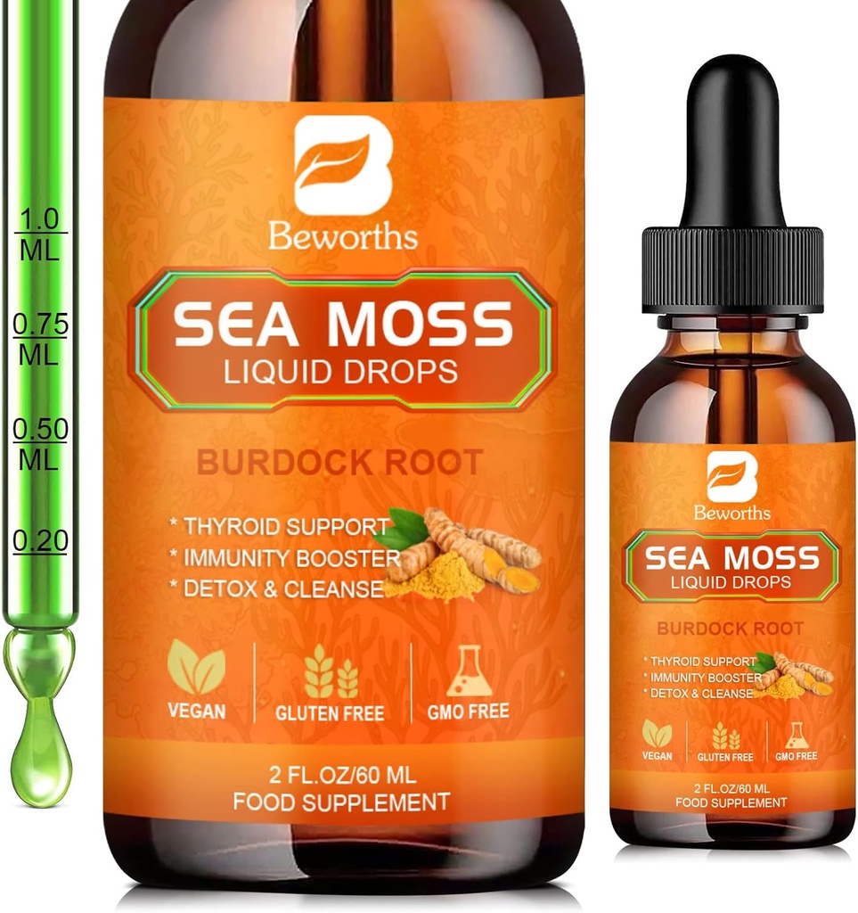 Sea Moss Liquid Drops - Βιολογικό Ιρλανδικό Moss Raw Gel με Burdock Root, Tumeric, Spirulina, Seaweed Moss Gel συμπλήρωμα για την υγεία των ορνίθων και αντιοξειδωτικά - 2 Fl Oz