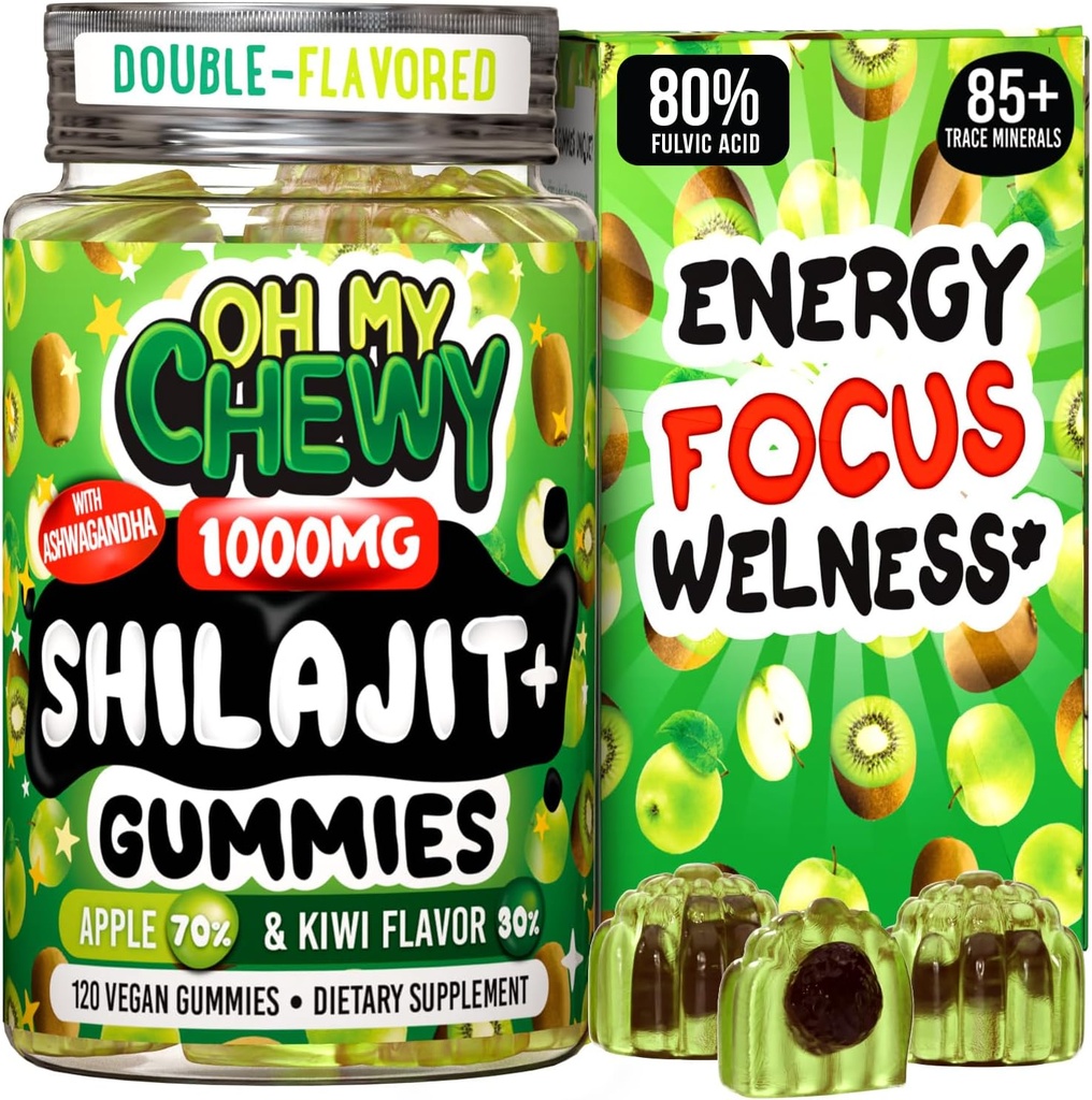 Pure Himalayan Shilajit Gummies - High Potency Gold Grade Resin - Energy Boost and Immune Support for Men and Women with Ashwagandha and Shatavari - 120 Gummy - Apple & Kiwi
