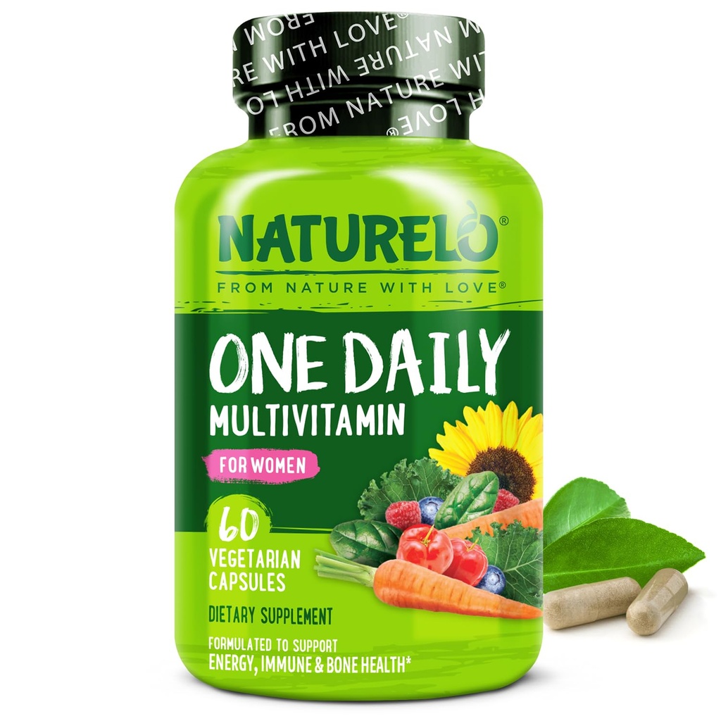 NATURELO One Daily Multivitamin for Women w/Vitamin B12, 60 Ct, Energy Support, Whole Food Daily Women Multivitamin Supplement, Nourish Hair/Skin/Nail, Non-GMO, No Soy, Gluten Free, 2 Month Supply