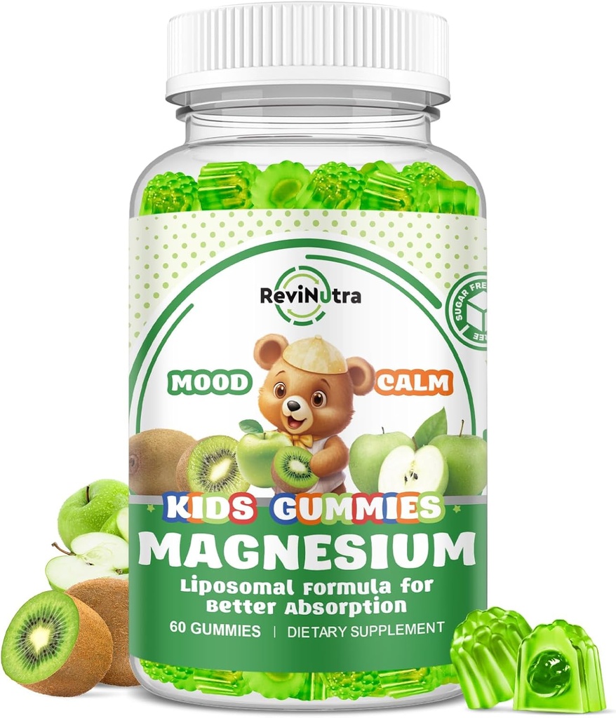 Λιποσωμικά παιδιά Μαγνήσιο Gummies- Μαγνήσιο Γλυκινικό Gummies για τα παιδιά συμπλήρωμα-w/Omega-3, βιταμίνη Β6, D3- Υποστήριξη ήρεμο άγχος ανακούφιση, οστά, Mood, Πράσινη Apple & Kiwi Γεύση, 60 κόμης