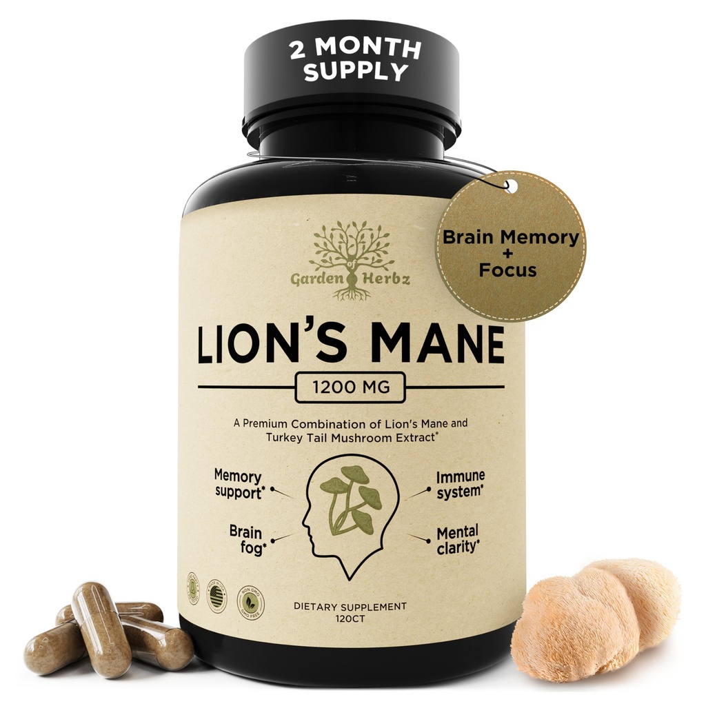 Κάψουλες συμπλήρωμα Lions Mane με ουρά Τουρκίας – Nootropic Brain Fog, Focus, Memory, Nerve Function, & Immune Support Supplement – Non-GMO 1200 Mg Lions Mane Mushroom Supplement, 120 Caps.
