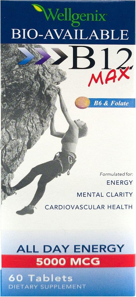 Wellgenix Bio-διαθέσιμο Υπογλώσσιο B12 B6 Φολικό Βιταμίνη που διαμορφώνεται για υψηλή απορρόφηση - Διατροφικό συμπλήρωμα πολυβιταμίνης (60 ct) 1 Συσκευασία