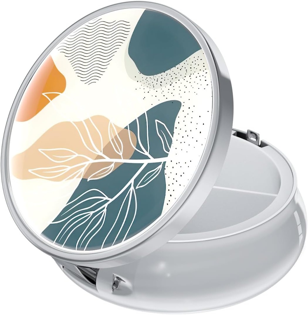 Rouidr Pill Box, 3 Compartment Medicine Pill Case, Small Metal Travel Medicine Box for Purse & Pocket, Silver, Abstract Boho Leaf