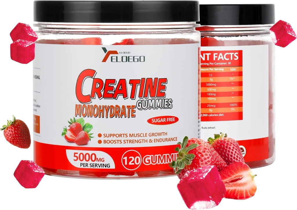 Creatine Monohydrate Gummies 5000mg Ζάχαρη Δωρεάν για Άνδρες & Γυναίκες, με L-Taurine + Βιταμίνη B12 για την μυϊκή δύναμη, Μυς Builder, Ενέργεια Boost, Προ-Συμπλήρωμα προπόνησης, Φράουλα, 120 Count