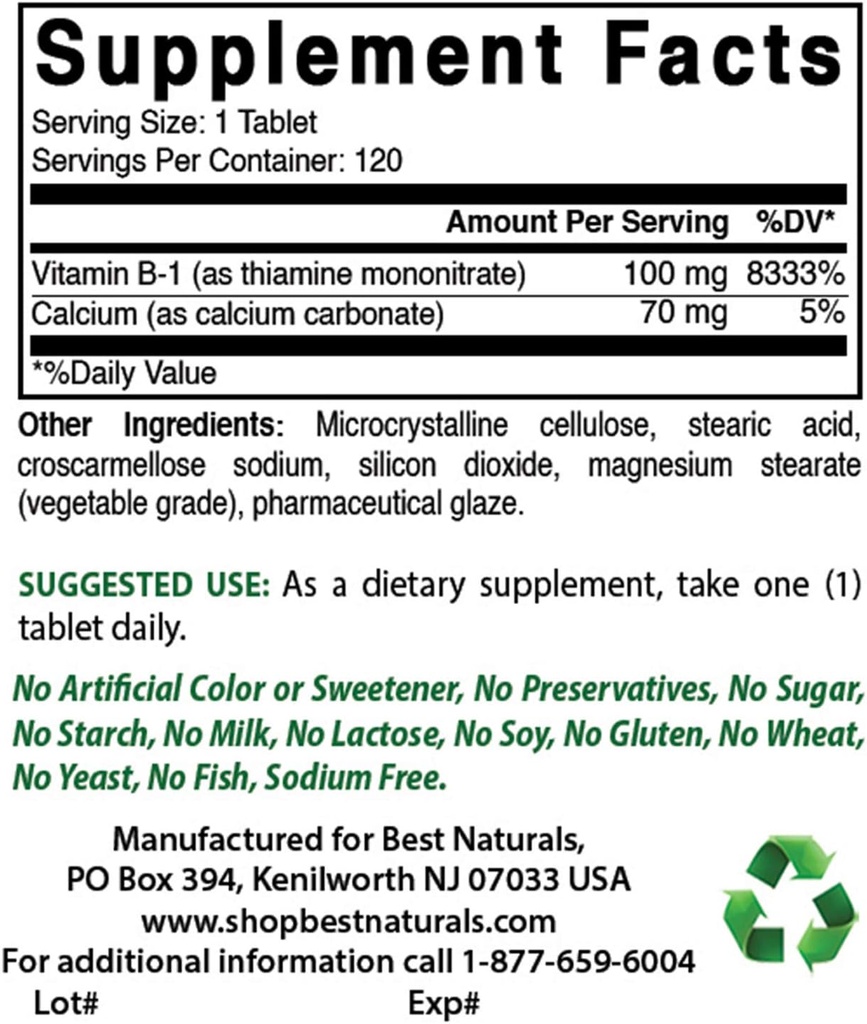 Best Naturals Vitamin B1 as Thiamine Mononitrate 100 mg & Vitamin B-6 25 Mg