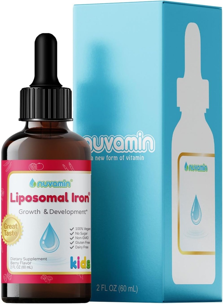 Nuvamin – Liquid Liposomal Iron Drops for Baby, Toddlers, Kids, & Teens, 2Fl.Oz (60ml), 120 Καθημερινή εξυπηρέτηση. Μεγάλη Γεύση - Όλα φυσικά - Vegan - Χωρίς μεταλλική επίγευση, Berry Γεύση