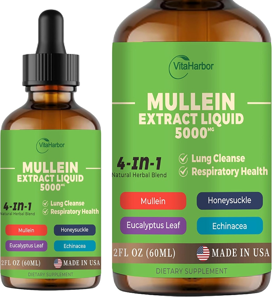 4-σε-1 Mullein Drops for Lungs, Organic Mullein Leaf & Honeysuckle & Eucalyptus Leaf & Echinacea Extracts, για τον καθαρισμό πνευμόνων, ανοσοποιητική και αναπνευστική υποστήριξη, χωρίς ζάχαρη 