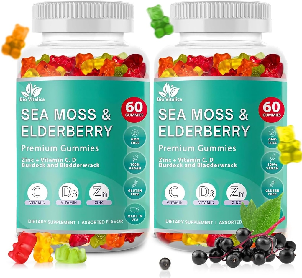 BIO VITALICA Sea Moss Gummies Elderberry BioVitalica - Βιταμίνη C D + Ψευδάργυρος - Irish Seamoss Vegan Gummy με Sea Moss Gel & Powder για Ασυλία, Detox - για Ενήλικες και Παιδιά (2Packs)