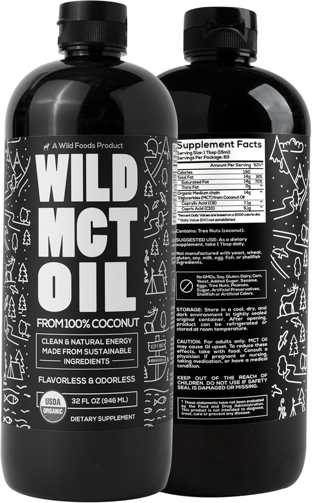 Wild MCT Oil Organic Coconut – 32 fl oz – from 100% Natural Coconut – Flavorless & Odorless C10/C8 MCT Oil for Energy & Cognitive Support – Keto-Friendly – Perfect for Coffee, Shakes & Recipes