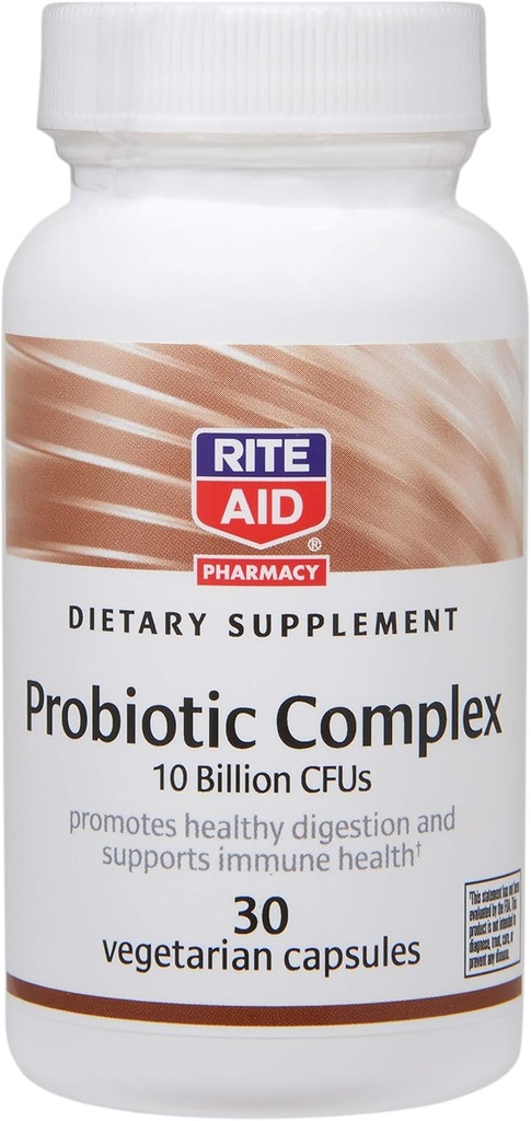 Rite Aid Dietary Supplement Probiotic Complex, 10 Billion CFUs— 30 Vegetarian Capsules | Digestive Health | Gut Health Supplement Probiotic Supplement