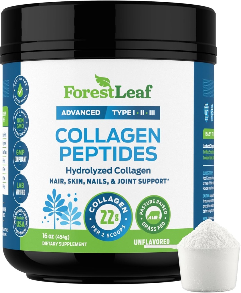 ForestLeaf Collagen Peptides Powder Unflavored - Hydrolyzed Grass Fed Keto Collagen Protein Powder Type 1, 2 & 3 - Ζωτικά μαλλιά, δέρμα, νύχια, αρθρώσεις, ανάκτηση, 11g ανά υπηρεσία