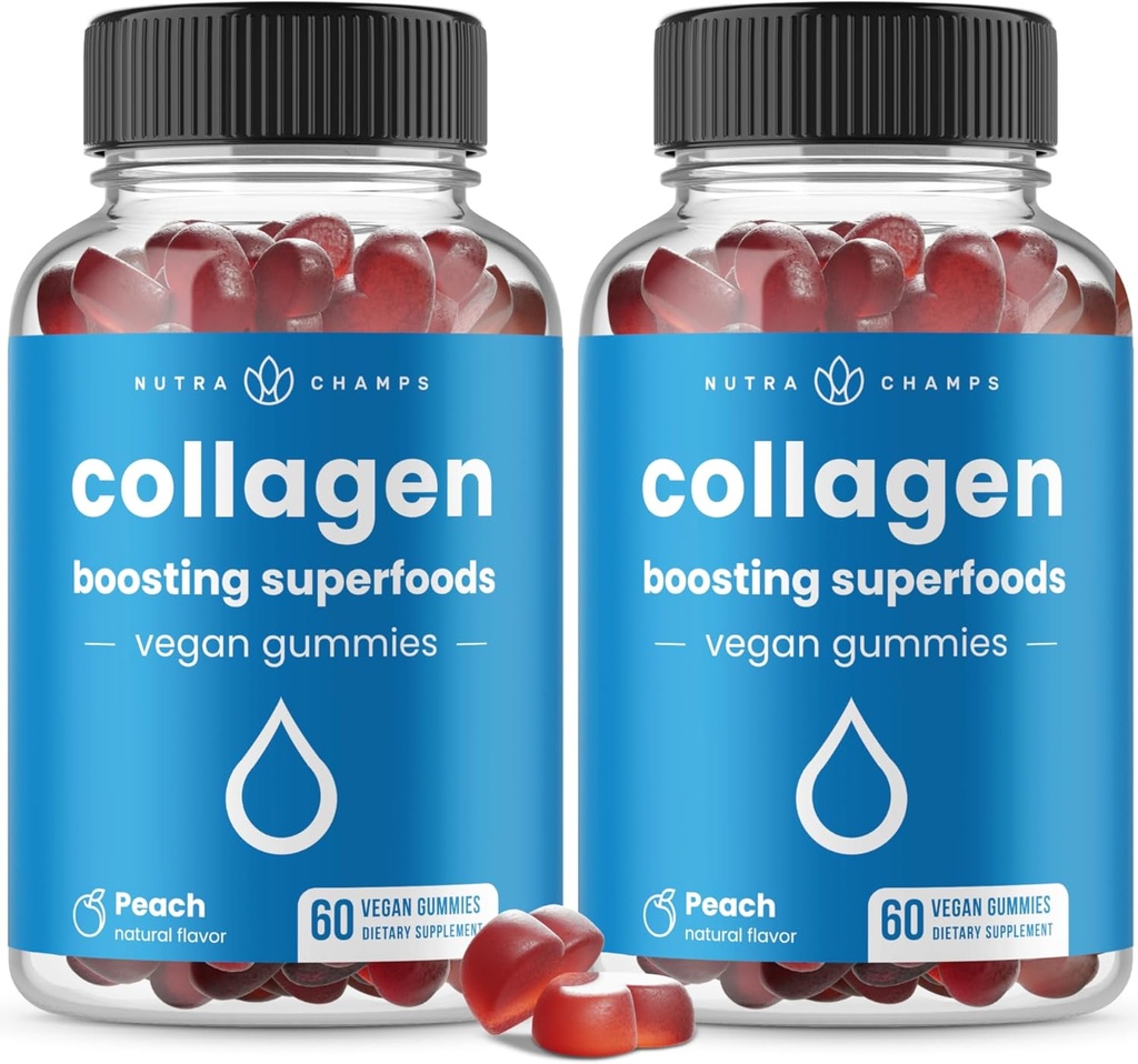NutraChamps Collagen Ενισχύοντας Gummies, Collagen Booster Gummy για τη φυσική παραγωγή κολλαγόνου, Vegan Pectin Συμπληρώματα Chews για γυναίκες & άνδρες, 60 Peach Gummies (πακέτο των 2)