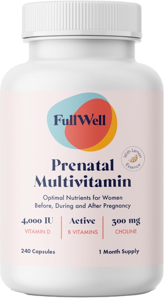 FullWell Prenatal Vitamins Lemon | choline, folate, vitamin D for fetal growth, brain development | 26 Vital Nutrients | Dietitian-formulated, OBGYN recommended, non-GMO, 3rd Party tested, 30 Servings