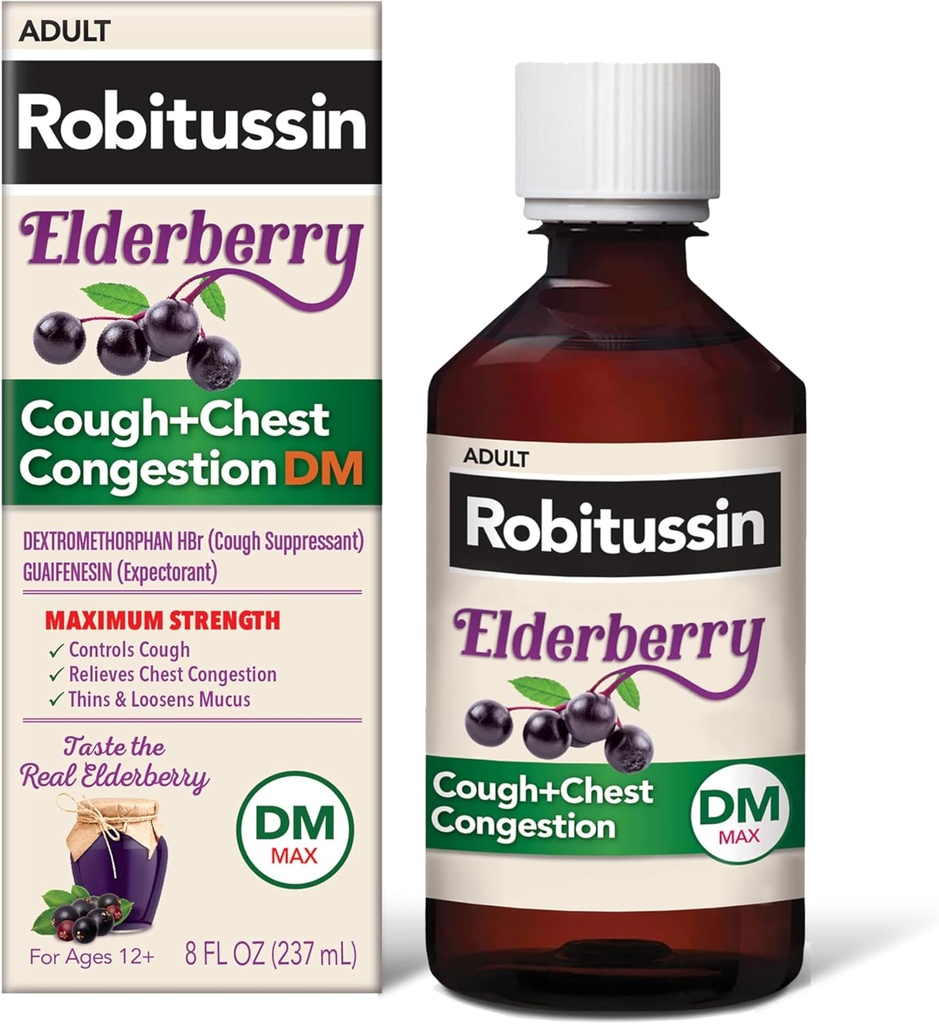 Robitussin Μέγιστη δύναμη Γήραντος Βήχας Plus Συμφόρηση στήθους DM, Βήχας Καταπιεστικό για ενήλικες, Παροχή Υγρού Βήχας και Θώρακα Συμφορητική ανακούφιση - 8 Fl Oz