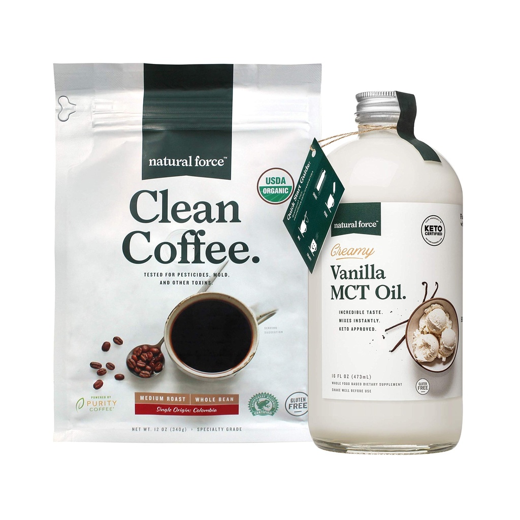 Natural Force Organic Clean Coffee + Creamy Vanilla MCT Oil Bundle – Flavored MCT Creamer & Modd & Mycotoxin Δωρεάν Καφές – Μη ΓΤΟ, Κέτο, Παλαιό, και Vegan - 12 Oz Bag και 16 Oz Glass Bottle