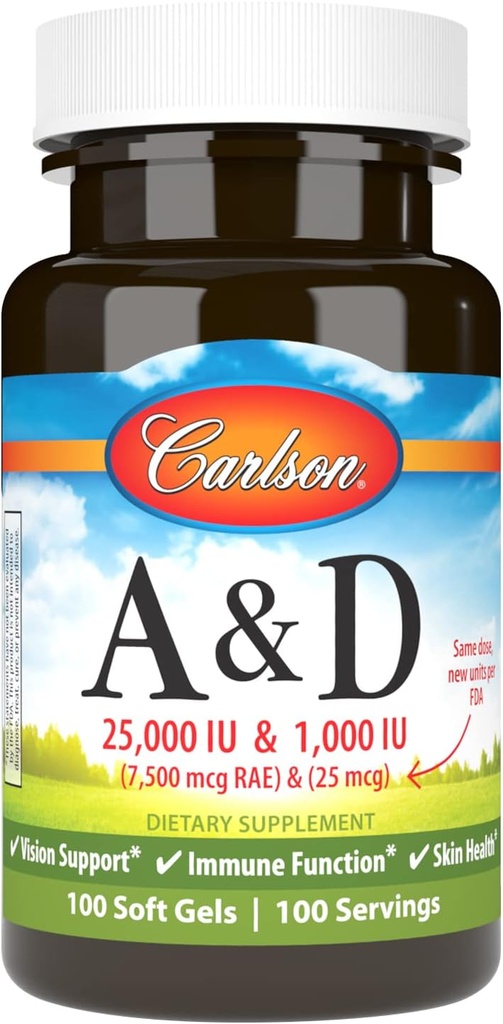 Carlson - A & D, 25000 IU (7500 mcg RAE) Βιταμίνη A, 1000 IU (25 mcg) Βιταμίνη D, Υποστήριξη Οράματος, Υγεία του δέρματος, 100 Softgels