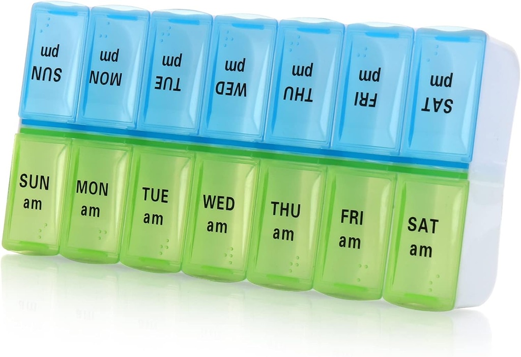 7 Day Weekly Pill Organizer, Large Daily Pill Organizer 2 φορές την ημέρα,AM PM Pill Case, Day Night Pill Container 7 Day 14 Διαμερίσματα για χάπια Vitamin Medication (Blue+Green)