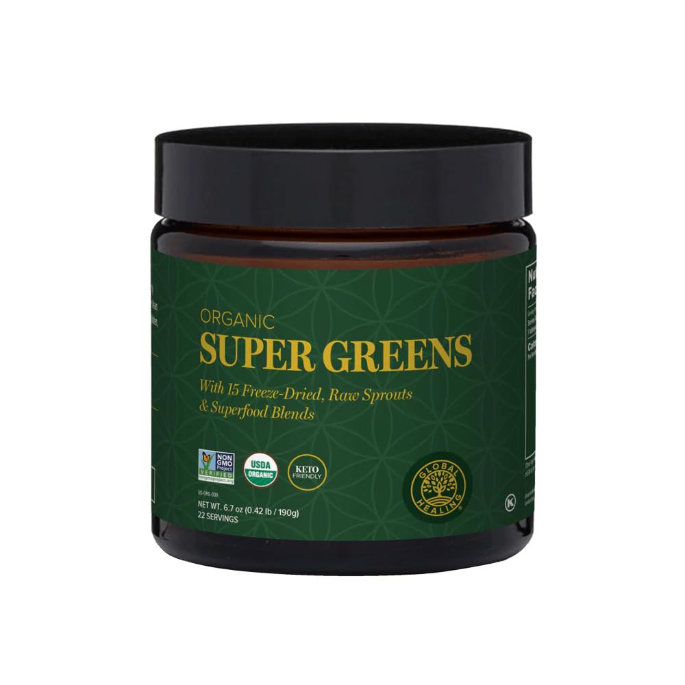 Global Healing Organic Super Greens Powder Blend - Greens Superfood Powder with 15 Raw Whole Spruts - Delicious Green Juice Smoothie Mix for Daily Nutrition - Μη ΓΤΟ, Συμπληρώματα Χωρίς Γλουτένη