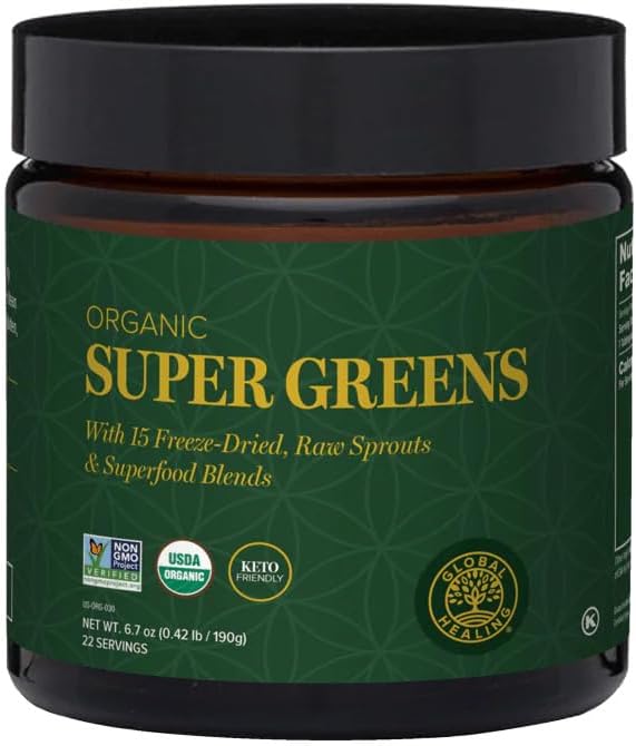 Global Healing Organic Super Greens Powder Blend - Greens Superfood Powder with 15 Raw Whole Spruts - Delicious Green Juice Smoothie Mix for Daily Nutrition - Μη ΓΤΟ, Συμπληρώματα Χωρίς Γλουτένη