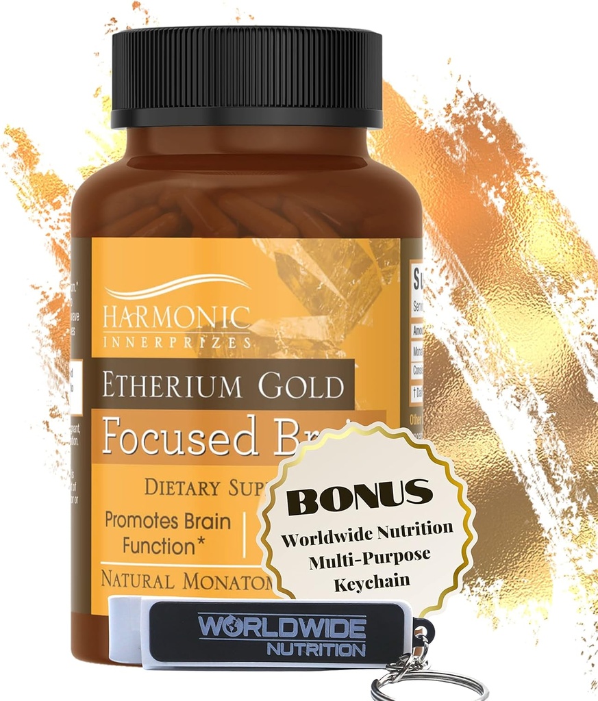 Worldwide Nutrition Bundle: Harmonic Innerprizes Etherium Gold Focused Brain Dietary Supplement - 240 Count Veggie Κάψουλες - Memory Support Supplement with Multi-Purpose Keychain