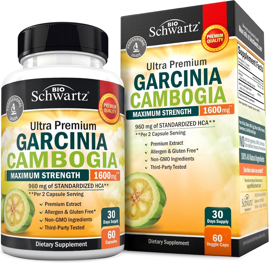 Χάπια απώλειας βάρους Garcinia Cambogia - Μέγιστη δύναμη Καταπιεστική & λίπος Burner για άνδρες και γυναίκες - 1600mg φυσικό εκχύλισμα & 960mg HCA - Μεταβολισμός Booster & Carb Blocker κάψουλες - 60Ct
