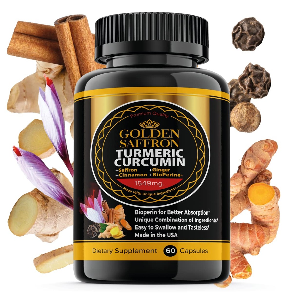 GOLDEN SAFFRON Turmeric Curcumin Supplement with Bioperine, Saffron, Cinnamon, and Ginger - Υψηλή ισχύς, μη GMO, χωρίς γλουτένη συμπλήρωμα για μια καλύτερη αποτελεσματικότητα. Κατασκευασμένο στις ΗΠΑ