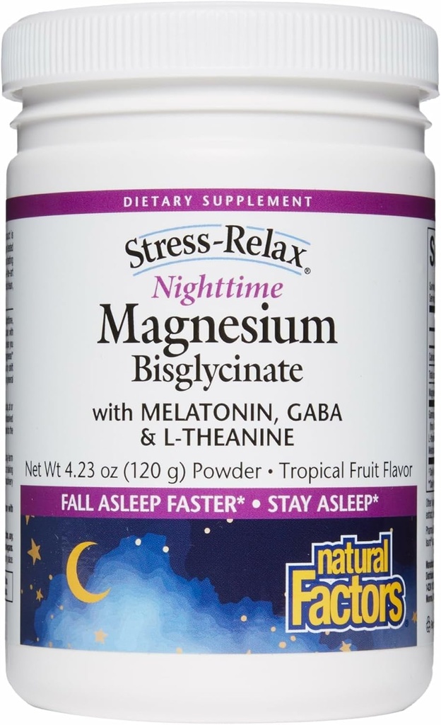 Natural Factors Stress-Relax Nighttime Magnesium Bisglycinate - Supports Sleep & Relaxation* - with Melatonin, L-Theanine & GABA - Tropical Flavor - 4.23 oz
