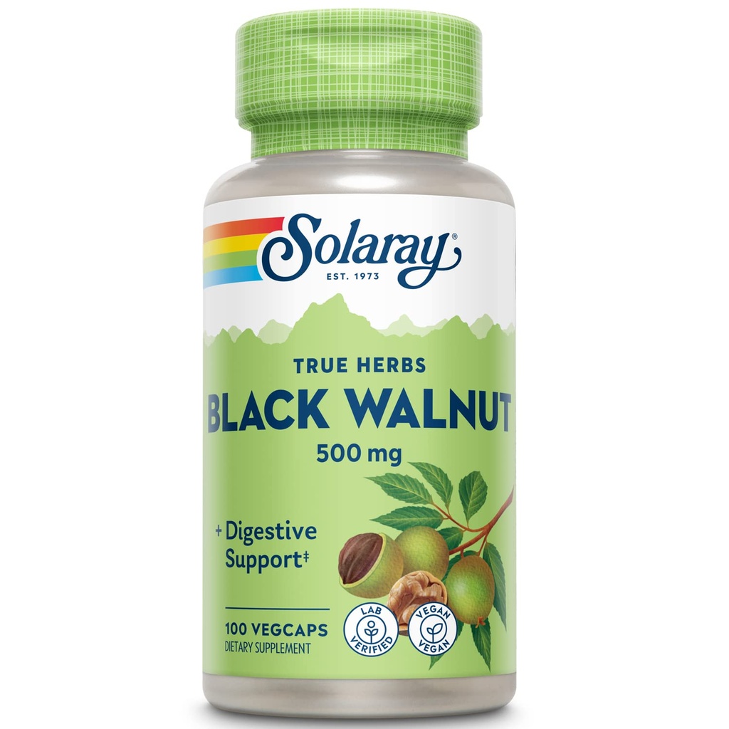 SOLARAY Black Walnut 500 mg - Ολόκληρη Hull - Traditional Herbal Support Formula - Μη ΓΤΟ Επαληθευμένο, Vegan, Lab Επαληθευμένο - Εγγύηση 60 ημερών - 100 Μερίδες, 100 VegCaps