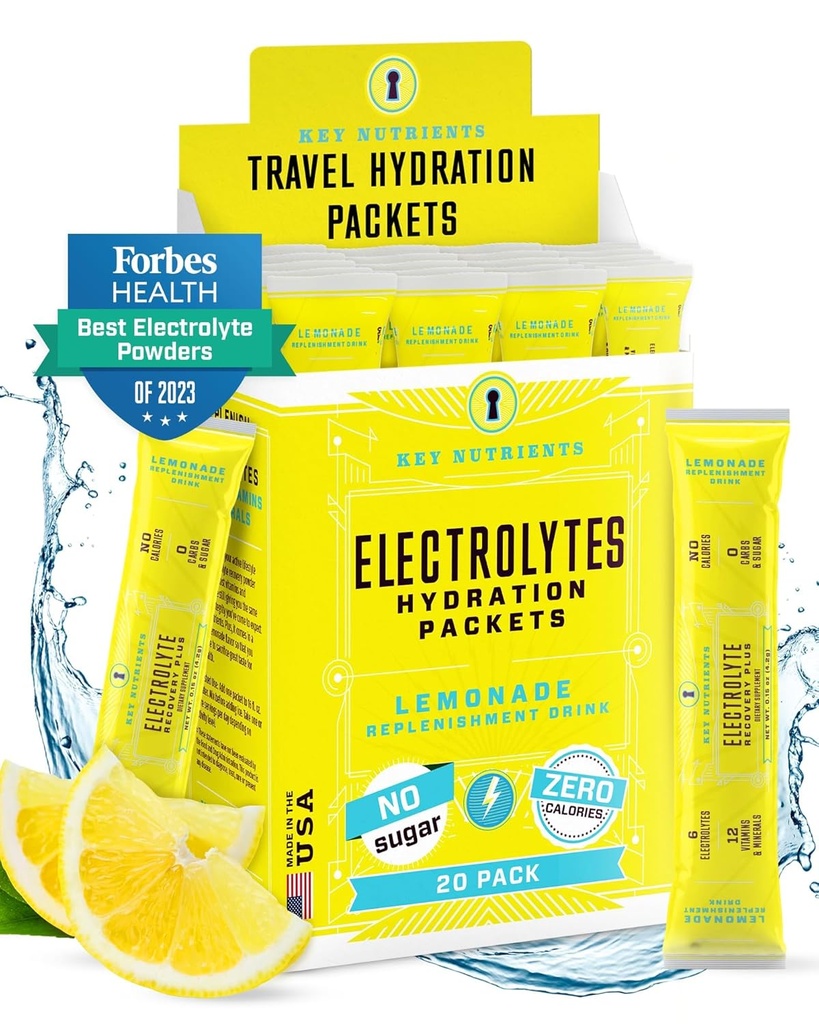 ΚΥΡΙΑ ΥΔΑΤΑ Ηλεκτρολυτών Powder Packets - Refreshing Lemonade 20 Pack Hydration Packets - Travel Hydration Powder - Χωρίς ζάχαρη, χωρίς θερμίδες, χωρίς γλουτένη - Made in USA