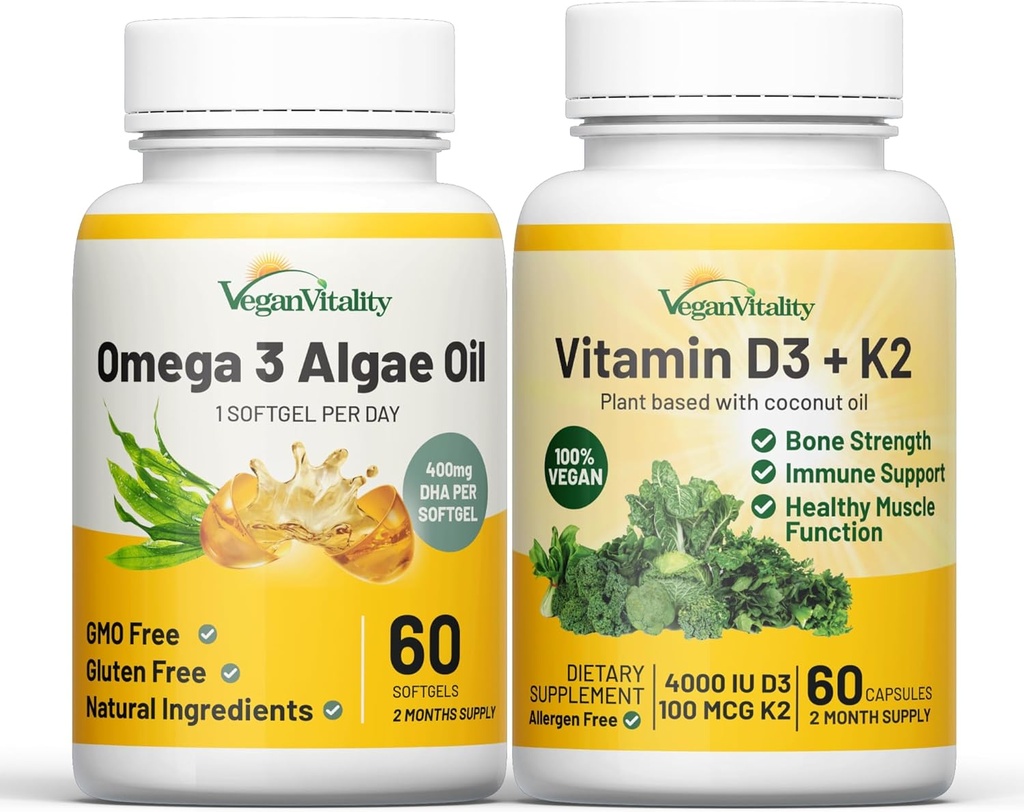 Vegan Vitality Health Booster Bundle - Vegan D3+K2 και Vegan Omega 3 Algae Oil. Υψηλής αντοχής μονάδα που βασίζεται Formula για την ασυλία, την ενέργεια συνολική υγεία για τους χορτοφάγους και χορτοφάγους