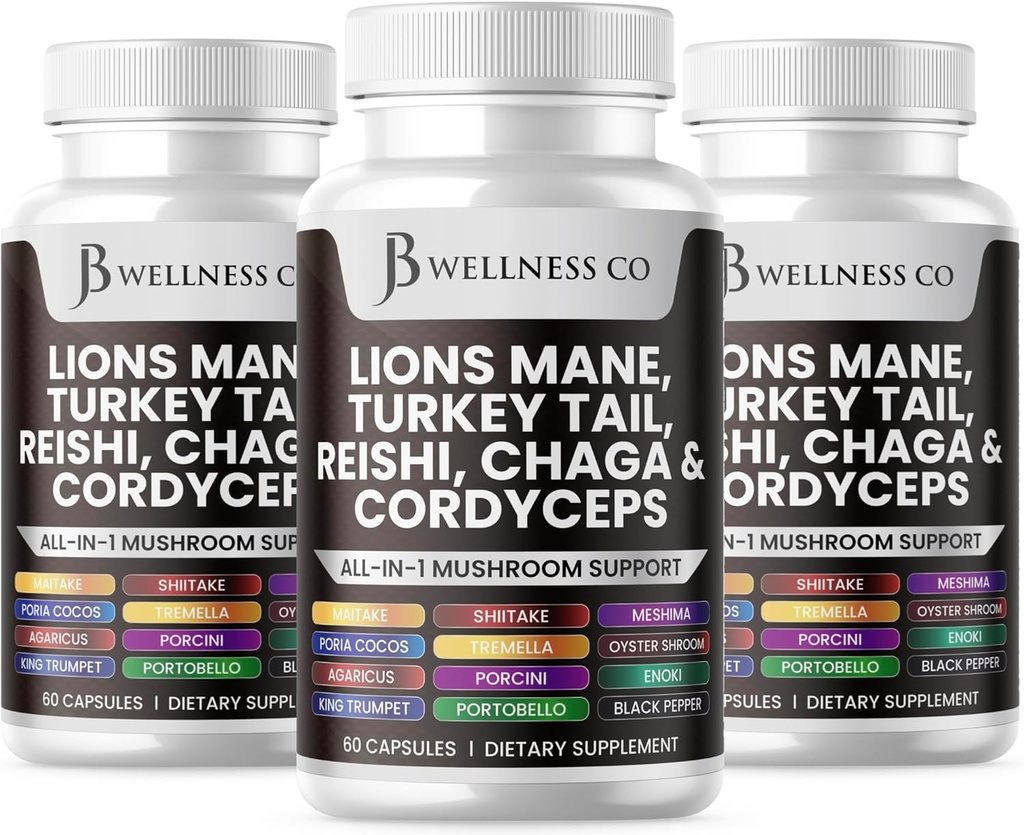 Lions Mane συμπλήρωμα Γνωστική Υποστήριξη, Ανοσολογική Υγεία με Τουρκία ουρά 20in1 Mushroom Reishi Cordyceps Τσάγκα με ρίζα Marshmallow -180 κόμης