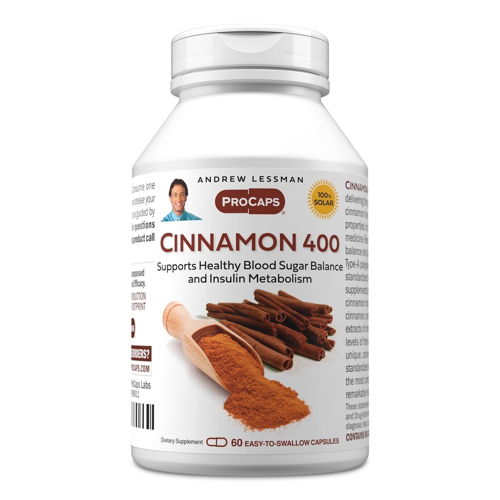 ANDREW LESSMAN Κανέλα 400mg - 60 Κάψουλες - Υψηλή ισχύς, τυποποιημένο εκχύλισμα. Χωρίς Πρόσθετα. Μικρά Εύκολα Καταπιείτε Καψάκια