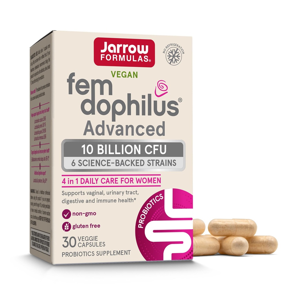 Jarrow Formulas Fem-Dophilus Advanced Κολπικά & Digestive Προβιοτικά 10 δισεκατομμύρια CFU Με 6 Κλινικά Σπουδασμένα Στελέχη, για Κολπική, Ουροεγκεφαλική, Επιπεφυκτική & Ανοσολογική Υποστήριξη, 30 Καψάκια, Shelfυθμιζόμενη