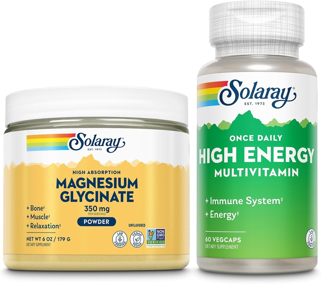 SOLARAY Μαγνήσιο Γλυκινικό Σκόνη 350mg και υψηλής ενέργειας Πολυβιταμινικό δέμα - Χηλικό Μαγνήσιο και μία φορά την ημέρα Πολυ - Οστική Υγεία, Μυς, Καρδιά και Ανοσοποιητική Υποστήριξη, 60-Day Εγγύηση, 6oz/60ct