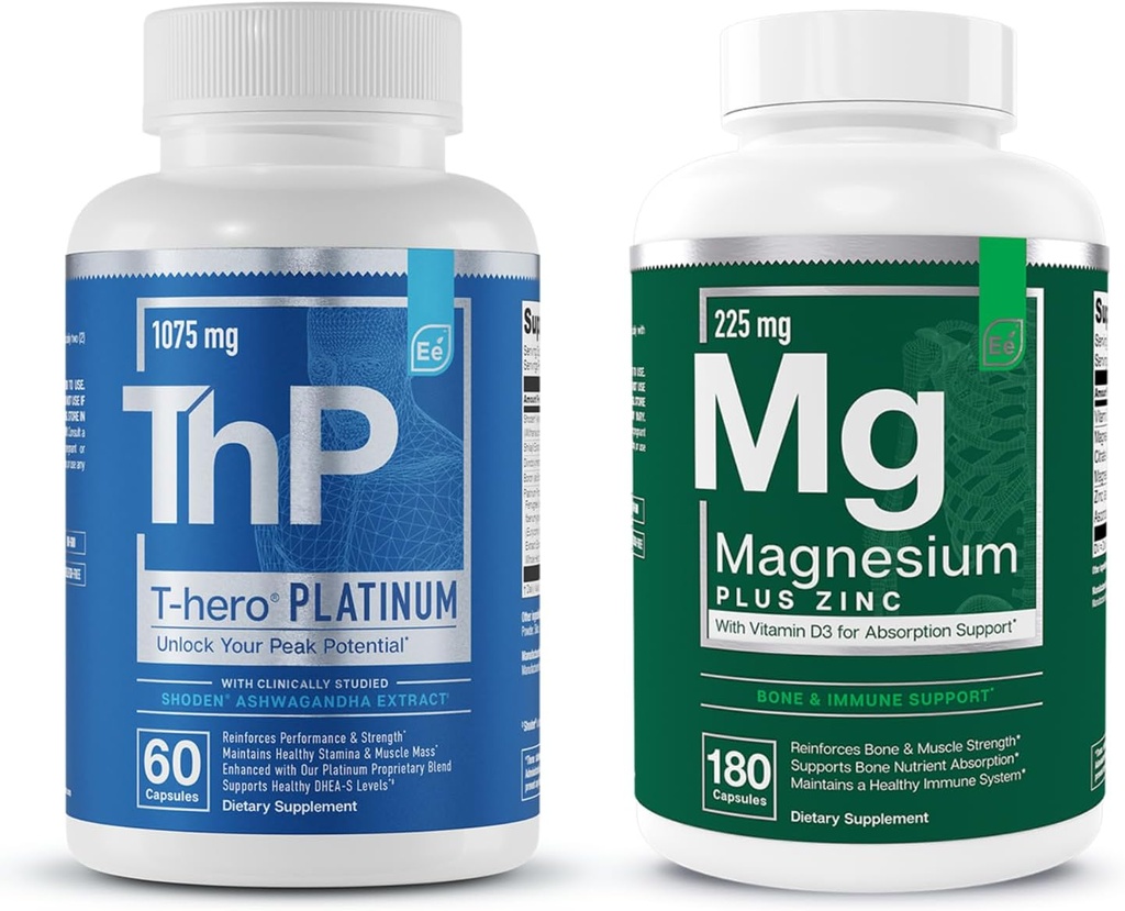 Essential Elements Magnesium & Zinc with Vitamin D3 + T-Hero Platinum | Sleep Immune & Bone + Muscle Growth Support & T-Health