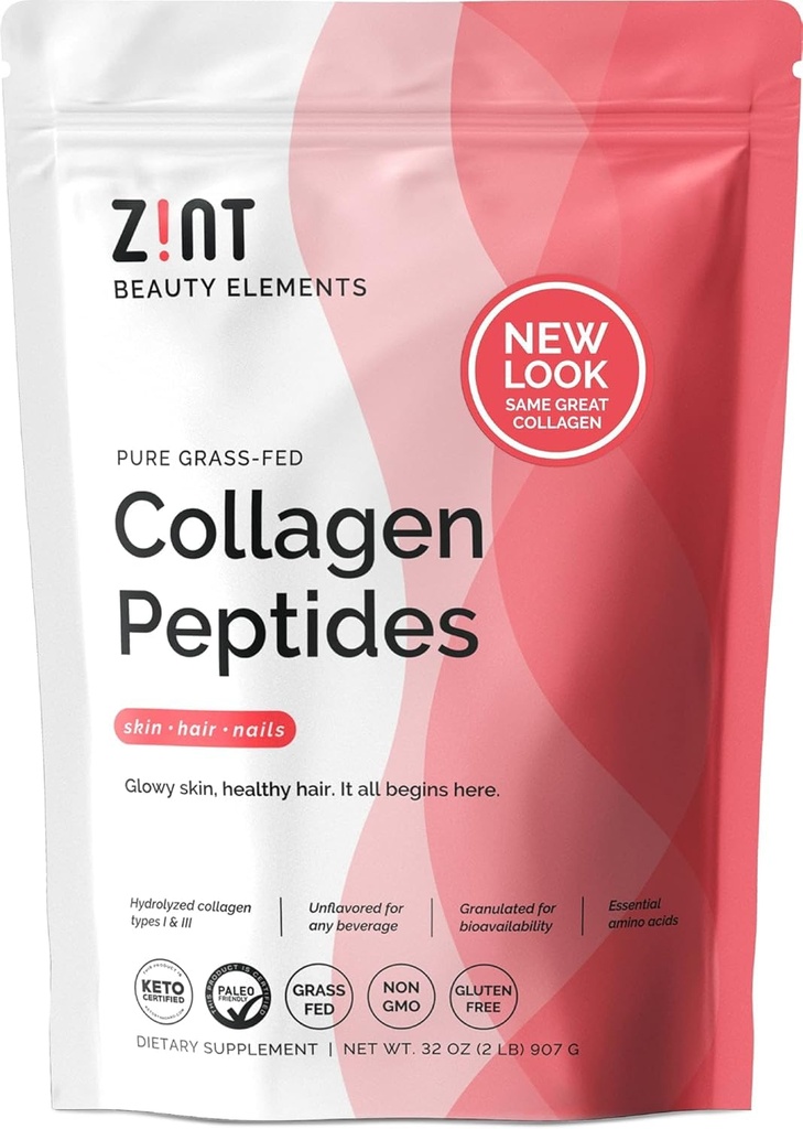 Zint Collagen Peptides Powder (32 oz): Paleo-Friendly, Keto-Certified, Grass-Fed Hydrolyzed Collagen Protein Supplement - Unflavored, Non GMO