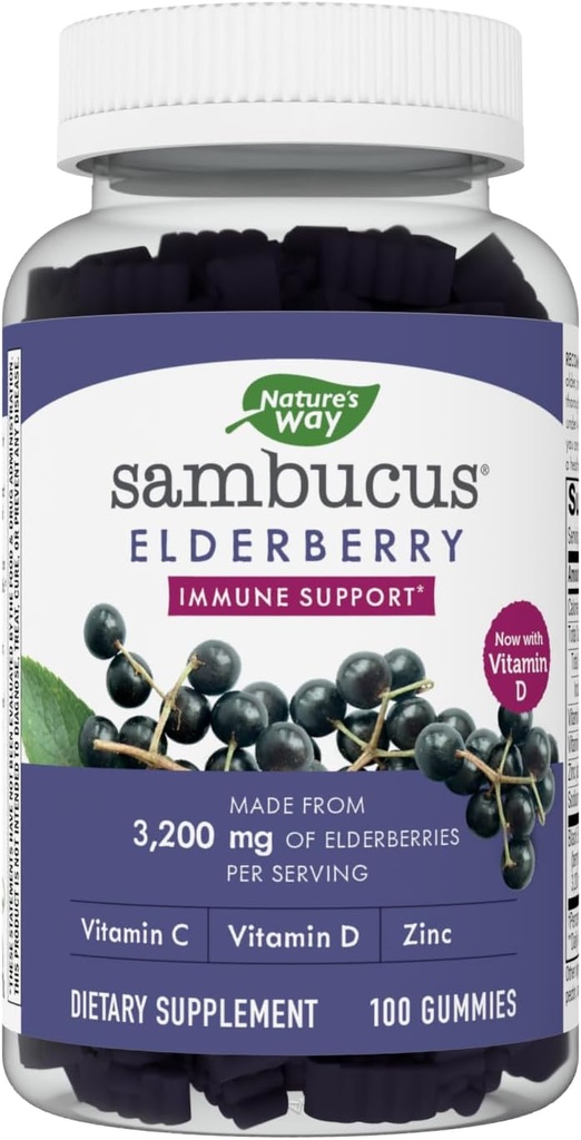 Nature's Way Sambucus Elderberry Gummies - Immune Support Supplement for Kids & Adults* - With Vitamins C, D3, Zinc & Antioxidant Support* - Gluten Free & Vegetarian - 100 Gummies