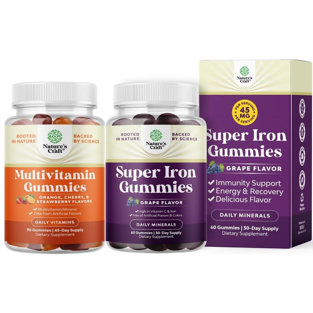 Δέσμη πολυβιταμίνης Gummy με B12 Βιοτίνη με ψευδάργυρο & βιταμίνη D και επιπλέον δύναμη Iron Gummies για γυναίκες και άνδρες - Ισχυρό 45mg ανά σερβίρισμα Chewable Iron Supplement για γυναίκες και άνδρες με Vit C