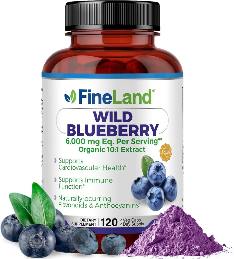 FineLand Wild Blueberry 10:1 Extract, 6.000 mg Δύναμη, 120 Vegan Κάψουλες, Πλούσια σε Flavonoids & Ανθοκυανίνες, Αντιοξειδωτική Υποστήριξη για την Υγεία του εγκεφάλου & της καρδιάς, 4-Month Supply, Non-GMO Made in USA