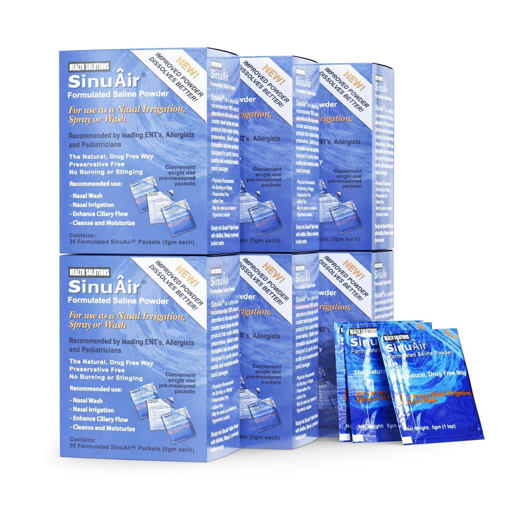 SinuAir Sinus Rinse Salt Solution - Saline Powder for SinuPulse System, Neti Pot Flush, Nasal Wash Squeeze Bottle, & Nose Irigation, Enhanced Formulation & Cleaning for Sinuses, 180 Packets