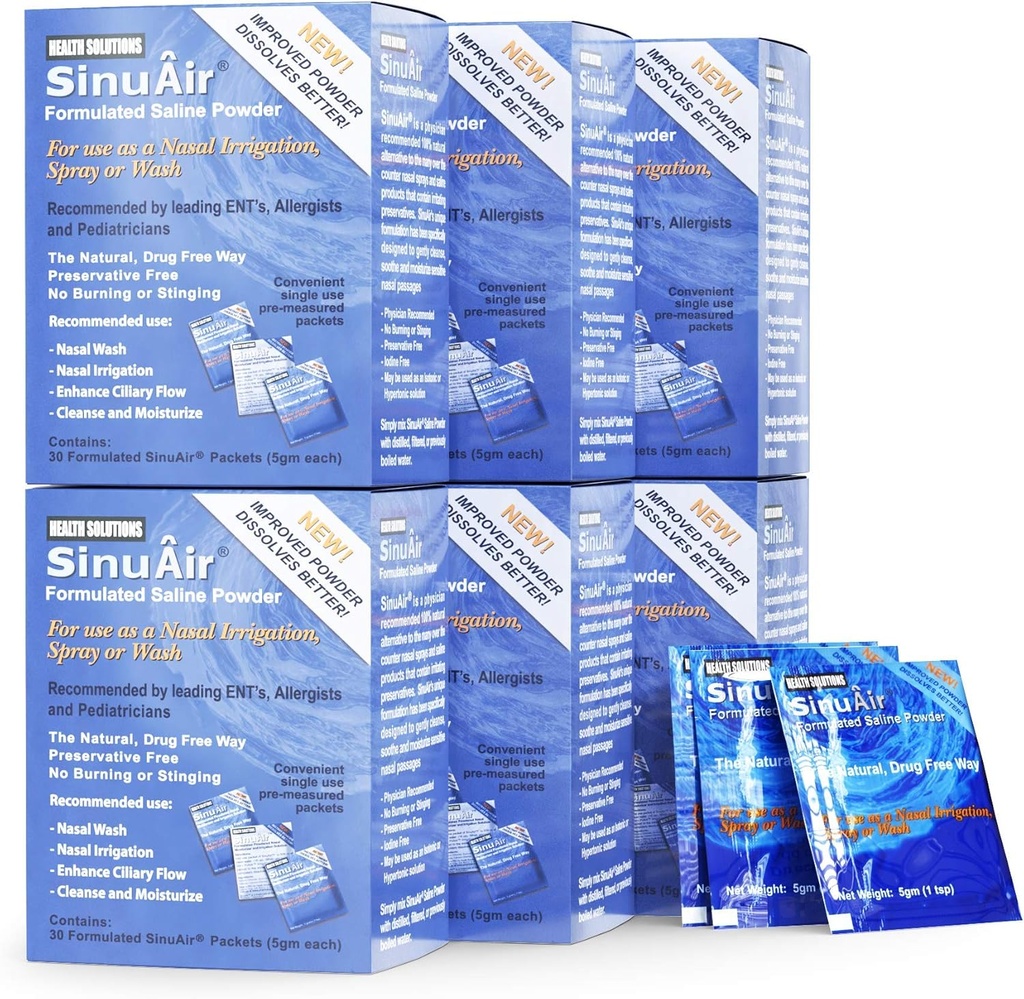 SinuAir Sinus Rinse Salt Solution - Saline Powder for SinuPulse System, Neti Pot Flush, Nasal Wash Squeeze Bottle, & Nose Irrigation, Enhanced Formulation & Cleaning for Sinuses, 180 Packets