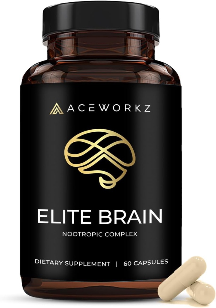 Elite Brain - Nootropic Συμπλήρωμα για Εστίαση, Μνήμη & Διανοητική Καθαρότητα - ALCAR, Lions Mane, ALA, L-Θεανίνη, Βιταμίνη B Complex - Φυσική Ενέργεια, Χωρίς καφεΐνη (60 κάψουλες)