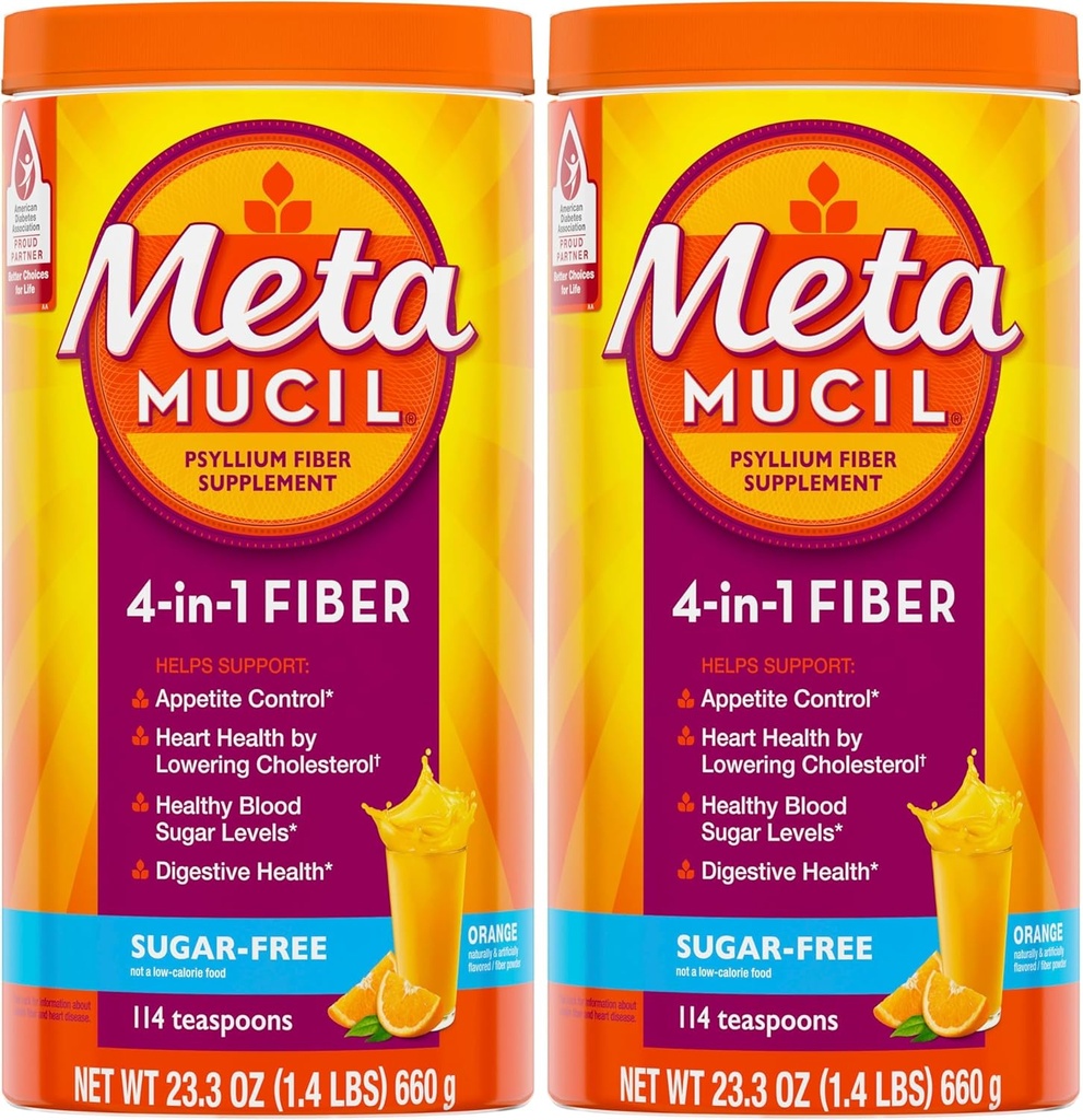 Metamucil, Daily Psyllium Husk Powder Supplement, Sugar-Free Powder, 4-in-1 Fiber για Digestive Health, Orange Flavored Drink, 114 κουταλάκια του γλυκού, 1,4 Λίρες (Pack of 2)