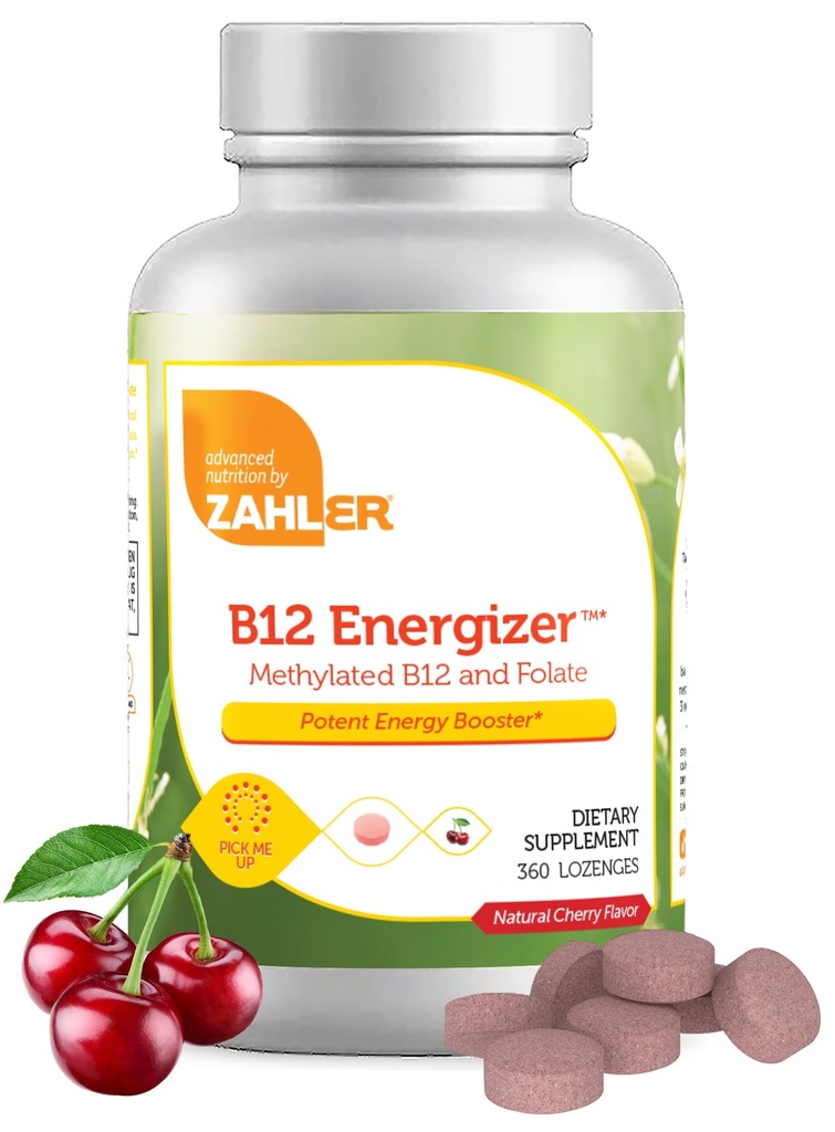Zahler Energizer - Folate και B12 συμπλήρωμα - γρήγορη διάλυση Cherry Flavor Lozenges Διπλή βιταμίνη μεθυλιωμένο B12 & Folate συμπλήρωμα με 1360 mcg Φολικό οξύ (360 Count)
